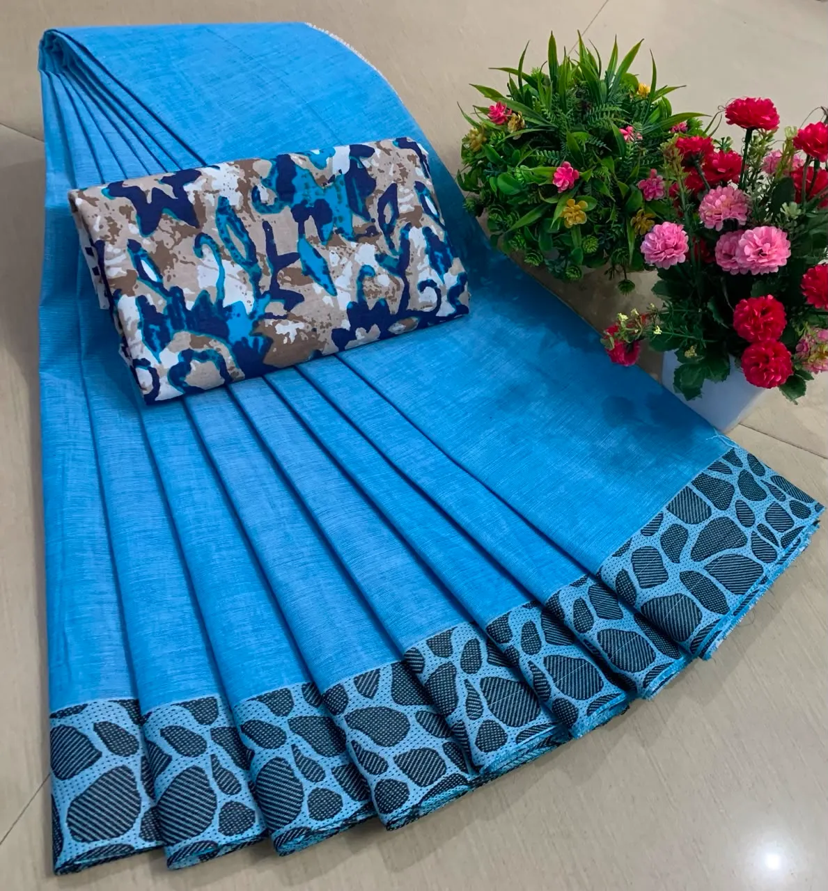 Sky Blue Chettinadu Pure Cotton Saree with Kalamkari Blouse